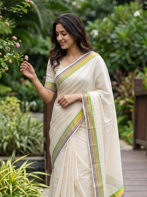 Cotton Cream Kasavu Striped Border Kerala Saree with Blue Green Golden Trim
