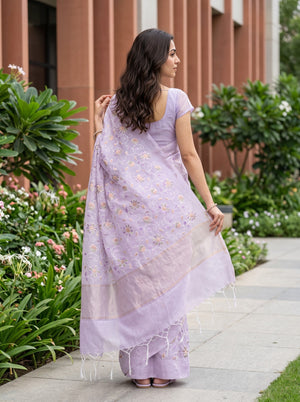 Mul Chanderi Lilac Purple Peach Floral Vine Embroidered Golden Zari Band Pallu Tassels Saree