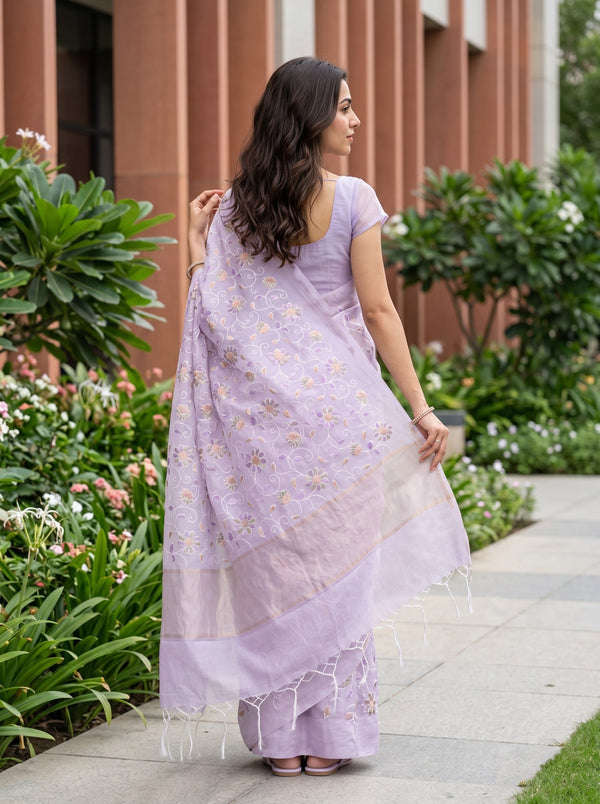 Mul Chanderi Lilac Purple Peach Floral Vine Embroidered Golden Zari Band Pallu Tassels Saree