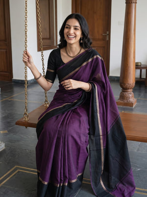 Cotton Silk Purple Black Dual Tone Solid Saree