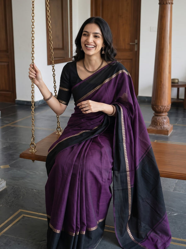 Cotton Silk Purple Black Dual Tone Solid Saree