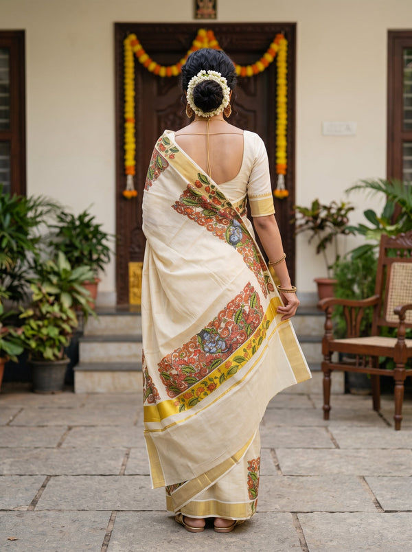 A woman viewed from behind wearing a cream-colored saree with a colorful floral border and a matching cream blouse, standing in front of a decorated doorway with plants and a chair in the background.
