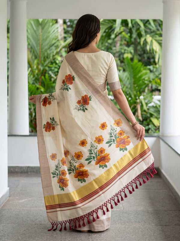 Tissue Cream Orange MariGolden Floral Print Kerala Saree with Tassels