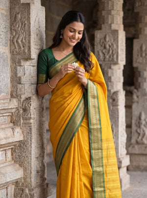 Semi Silk Mustard Yellow Golden Pinstripe Saree with Green Zari Border