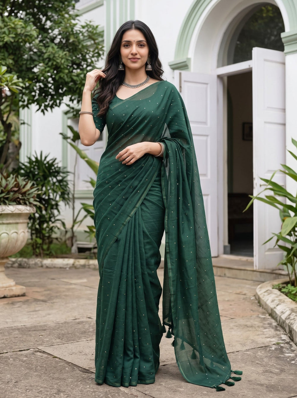 Mul Chanderi Bottle Green Gold Sequin Dot Saree