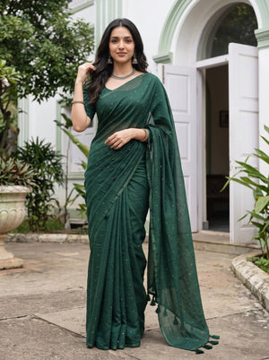 Mul Chanderi Bottle Green Gold Sequin Dot Saree