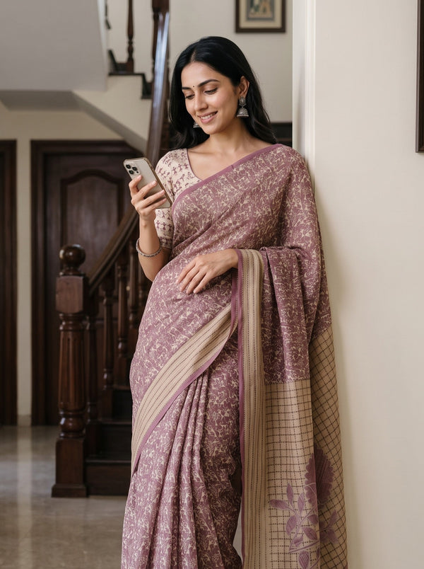 Net Kota Mauve-Beige Floral Vine Block Print Saree
