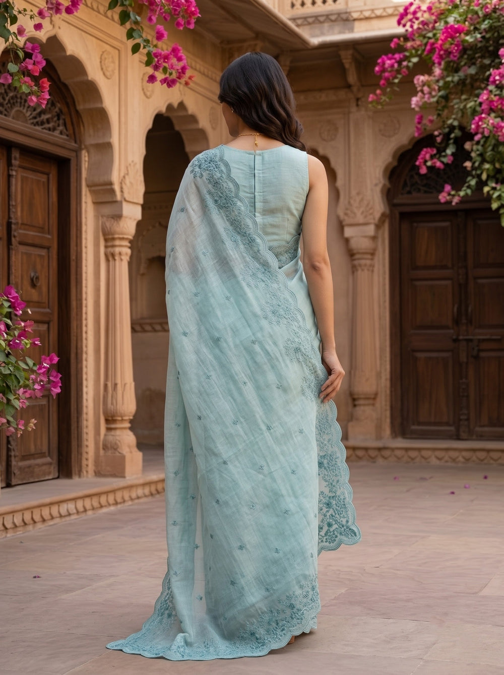Cotton Sky Blue Navy Peacock Motif Royal Blue Ombre Border Saree