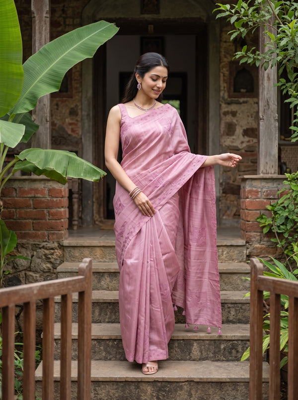 Semi Tussar Rose Pink Self Stripe Cutwork Embroidery Saree with Tassels