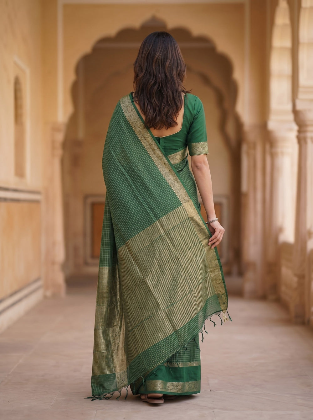 Semi Silk Bottle Green Golden Checkered Elephant Motif Saree