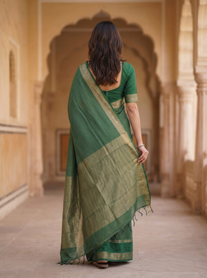 Semi Silk Bottle Green Golden Checkered Elephant Motif Saree
