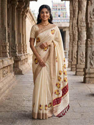 Tissue Cream Kerala Saree with Floral Bouquet Print Pallu, Checkered Maroon Golden Border