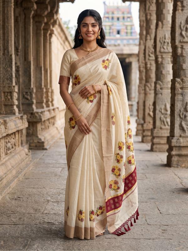 Tissue Cream Kerala Saree with Floral Bouquet Print Pallu, Checkered Maroon Golden Border