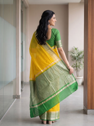 Chanderi Cotton Golden Yellow Check Weave Saree with Green Ornate Zari Pallu