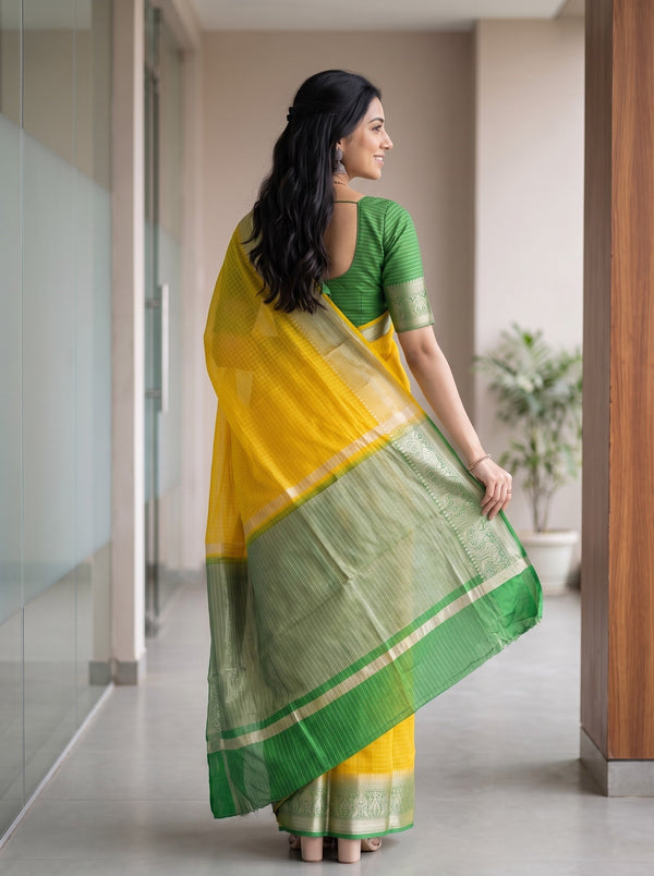 Chanderi Cotton Golden Yellow Check Weave Saree with Green Ornate Zari Pallu