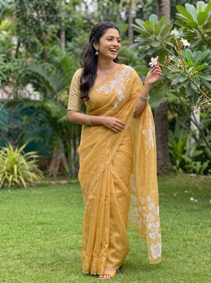 Organza Mustard Golden White Floral Cluster Embroidery Applique Pallu Scalloped Edge  Saree