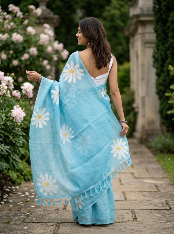 Cotton Sky Blue Large Daisy Print Saree with Tassel Pallu