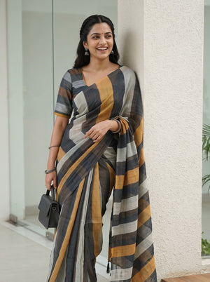 Cotton Black Mustard Orange Cream Multicolor Striped Pallu Black Tassels Saree
