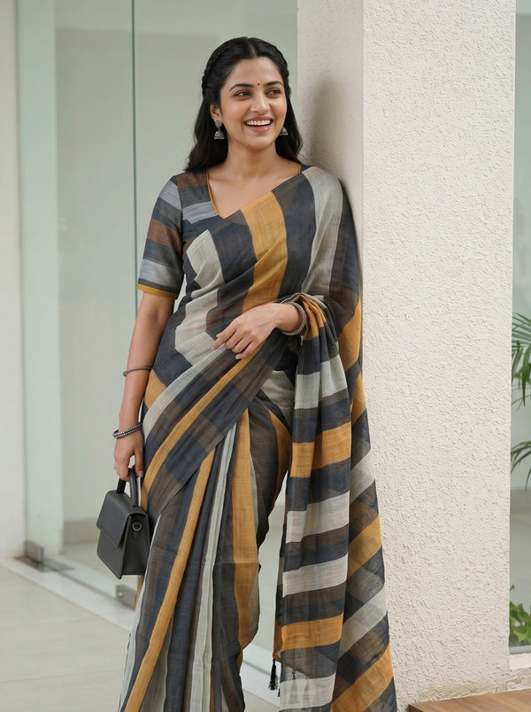 Cotton Black Mustard Orange Cream Multicolor Striped Pallu Black Tassels Saree