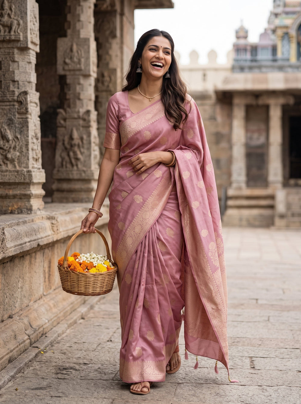Banarasi Dusty Rose Golden Zari Floral Booti Diamond Jaal Border Saree
