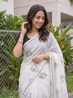 Cotton White Saree with Deer Face Print in Floral Wreath