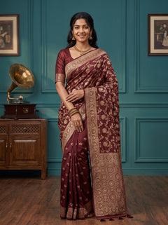Banarasi Silk Maroon Golden Zari Floral Jaal Saree with Tassels