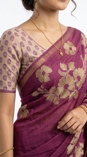 Cotton Purple Floral Embroidered Saree