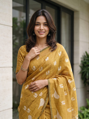 Cotton Silk Mustard Yellow Saree with Golden Bird Motif Pallu