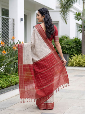 Chanderi Ivory Red Floral Kalamkari Print Saree