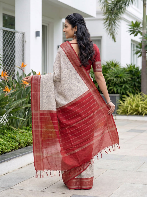 Chanderi Ivory Red Floral Kalamkari Print Saree