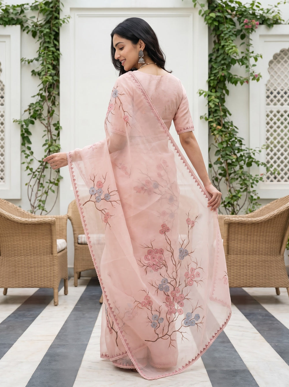 Organza Peach Saree with Cherry Blossom Branch Print