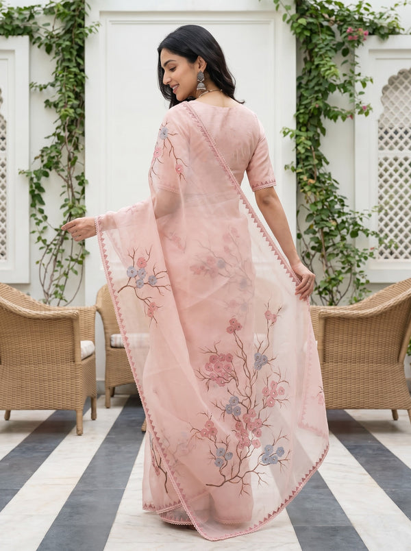Organza Peach Saree with Cherry Blossom Branch Print