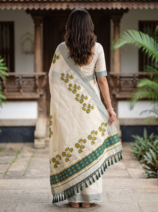 Tissue Cream Kerala Saree with Green Floral Print Pallu, Checkered Green Golden Border
