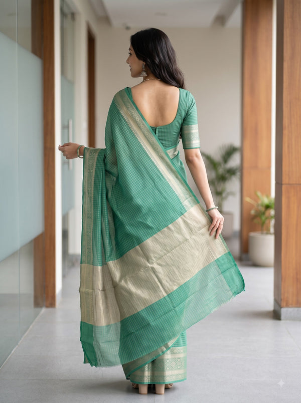 Chanderi Cotton Green Check Weave Saree with Golden Shimmer Zari Pallu