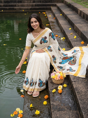 Cotton Off-White Krishna Mural Print Onam Special Kerala Saree