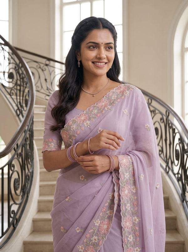 Chiffon Lilac Pink Floral Embroidered Scalloped Border Butta Saree