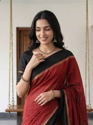 Cotton Silk Red Black Dual Tone Solid Saree