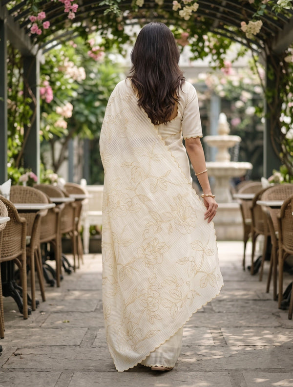 Mul Chanderi Silk White Allover Yellow  Camellia Vine Embroidery Saree