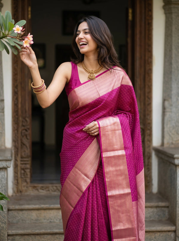 Kanjivaram Silk Magenta Pink Zari Woven Traditional Saree