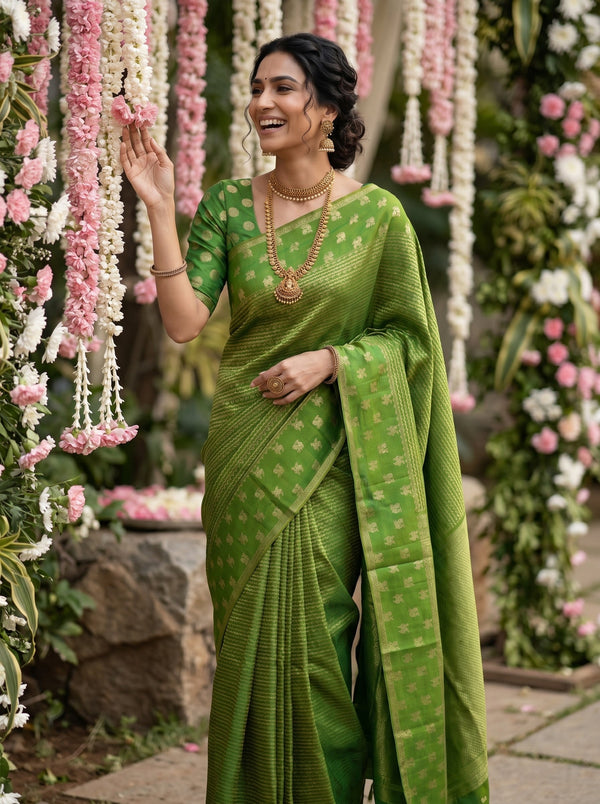 Kanjivaram Parrot Green Saree with All-Over Chevron Weave & Gold Floral Border