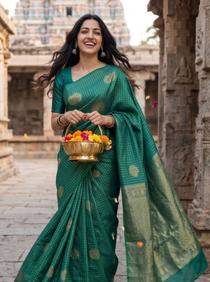 Pure Silk Peacock Green Saree with Golden Zari Butta Pallu and Checks