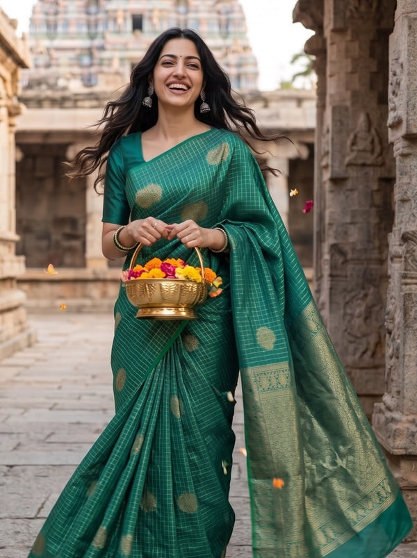 Pure Silk Peacock Green Saree with Golden Zari Butta Pallu and Checks