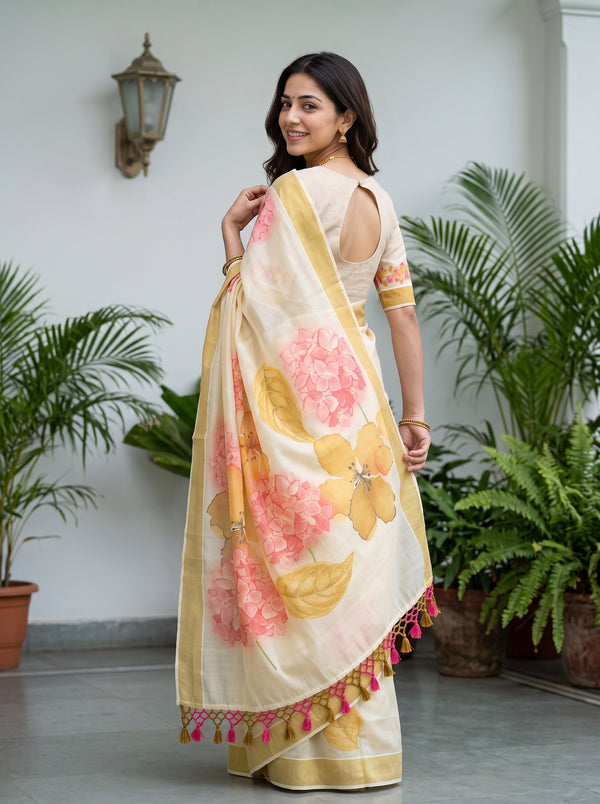 Tissue Cream Big Floral Watercolor Print Tassel Set Saree