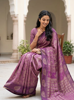 Matka Silk Purple Magenta Gold Zari Floral Checkered Pallu
