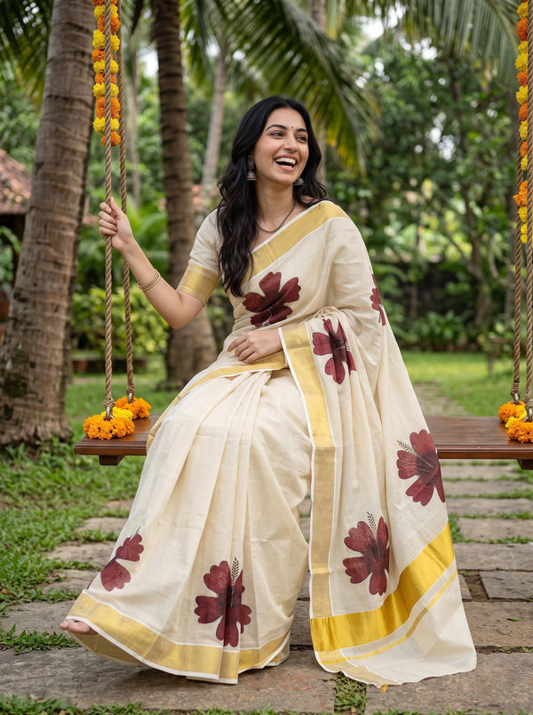 A woman wearing a cream-colored cotton saree with yellow borders and dark red floral prints, sitting on a wooden swing in a tropical garden setting.