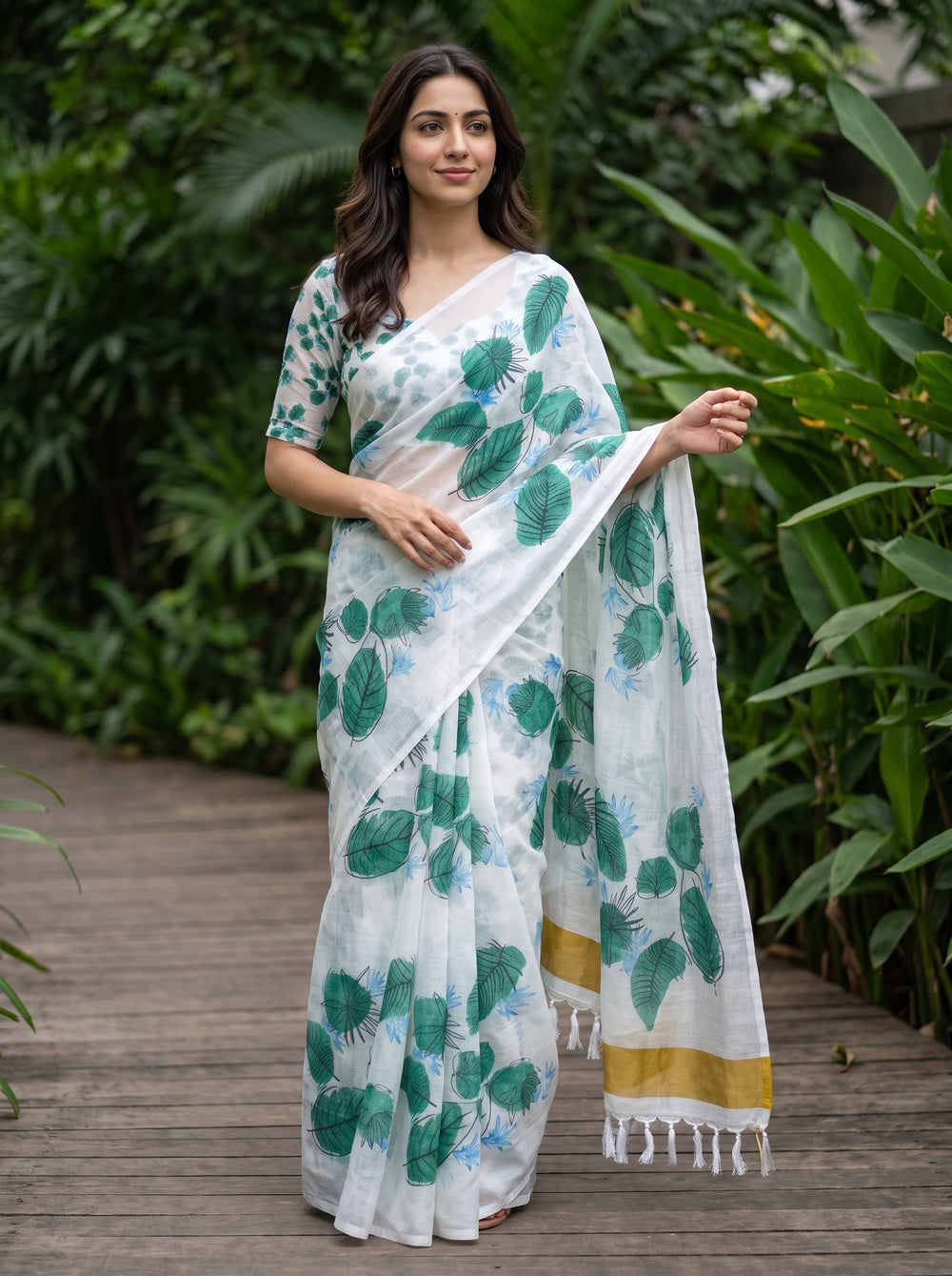 Cotton White Body with Green Tropical Leaf Print Saree