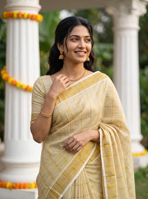 Tissue Cream Golden Checked Onam Special Kerala Saree
