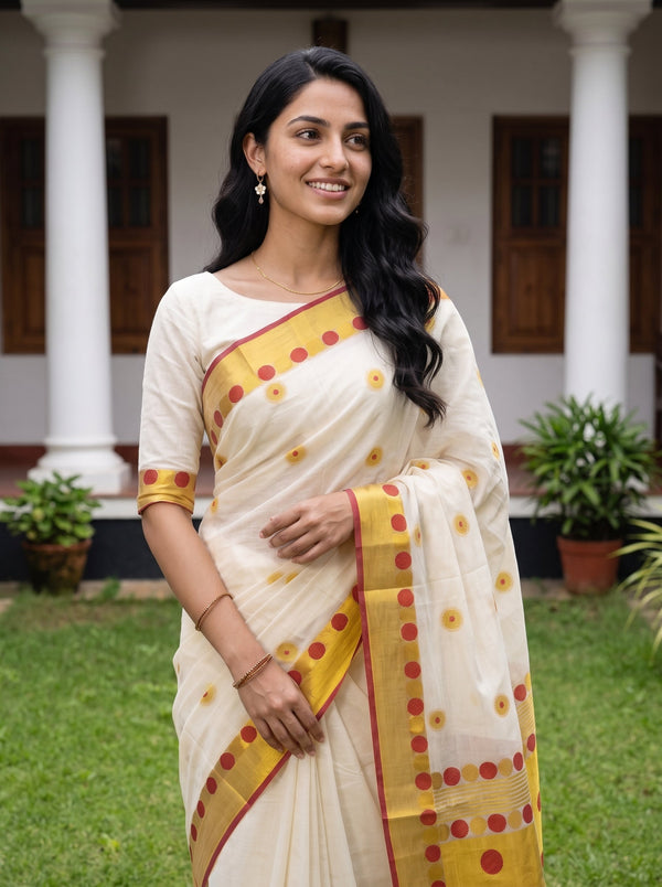 Cotton Cream Polka Dot Onam Special Kerala Saree