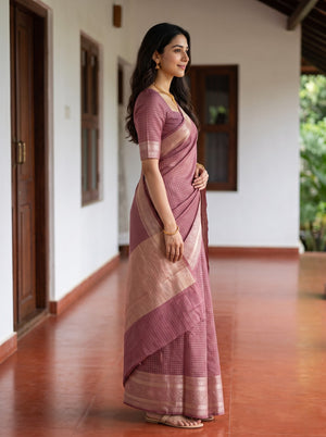 Semi Chanderi Mauve Pink Self Check Golden Zari Geometric Border Saree