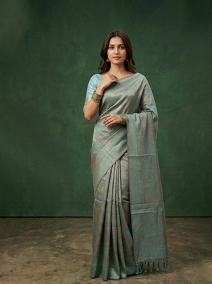 Woman wearing a traditional saree against a green background